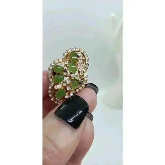 Vintage Brooch Jade 10k Gold Filled Rhinestone Accents art deco Flower Leaves - Picture 12 of 13